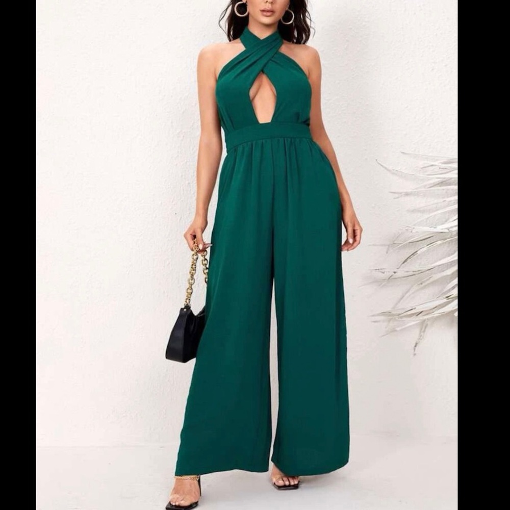 Hunter Green Cross Halter Wide Leg Jumpsuit